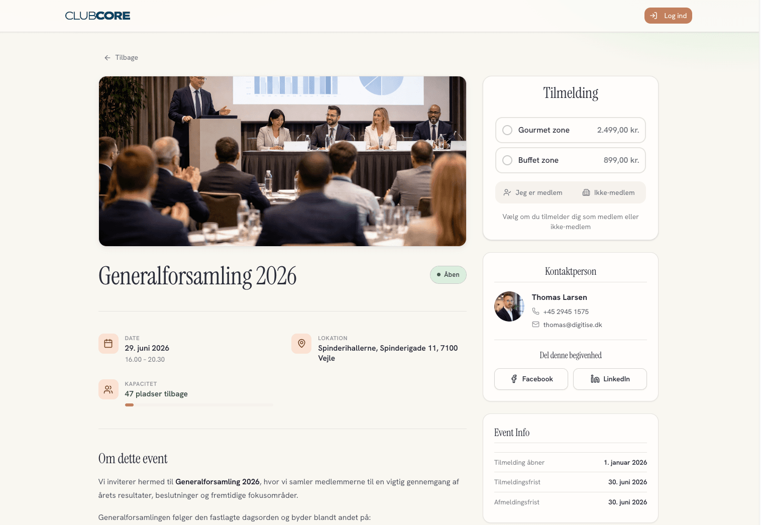 CLUBCORE begivenhed med tilmelding